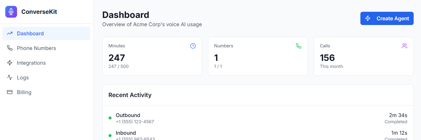 ConverseKit Dashboard - Voice AI Analytics and Management for Salesforce